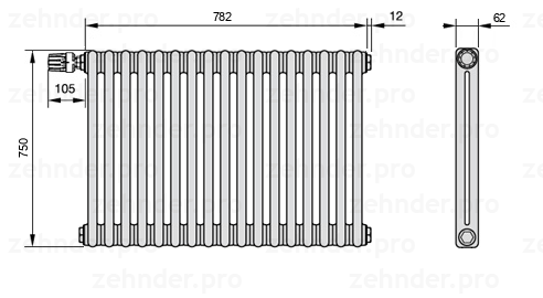 Схема (чертеж) Радиатор Zehnder Charleston 2075/17 №V011 Белый глянцевый RAL 9016